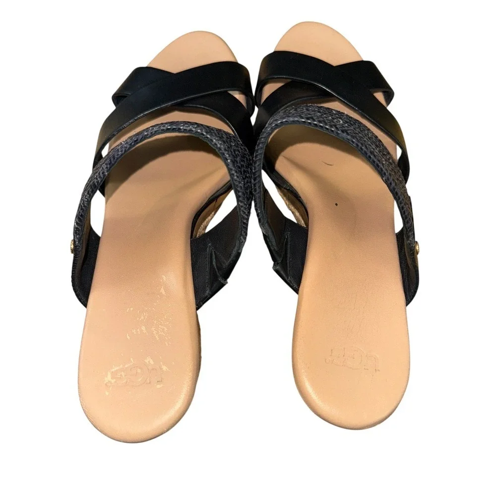 UGG Adriana Wedge Sandals Womens 8.5 Espadrille Slide Black Leather Braided Logo